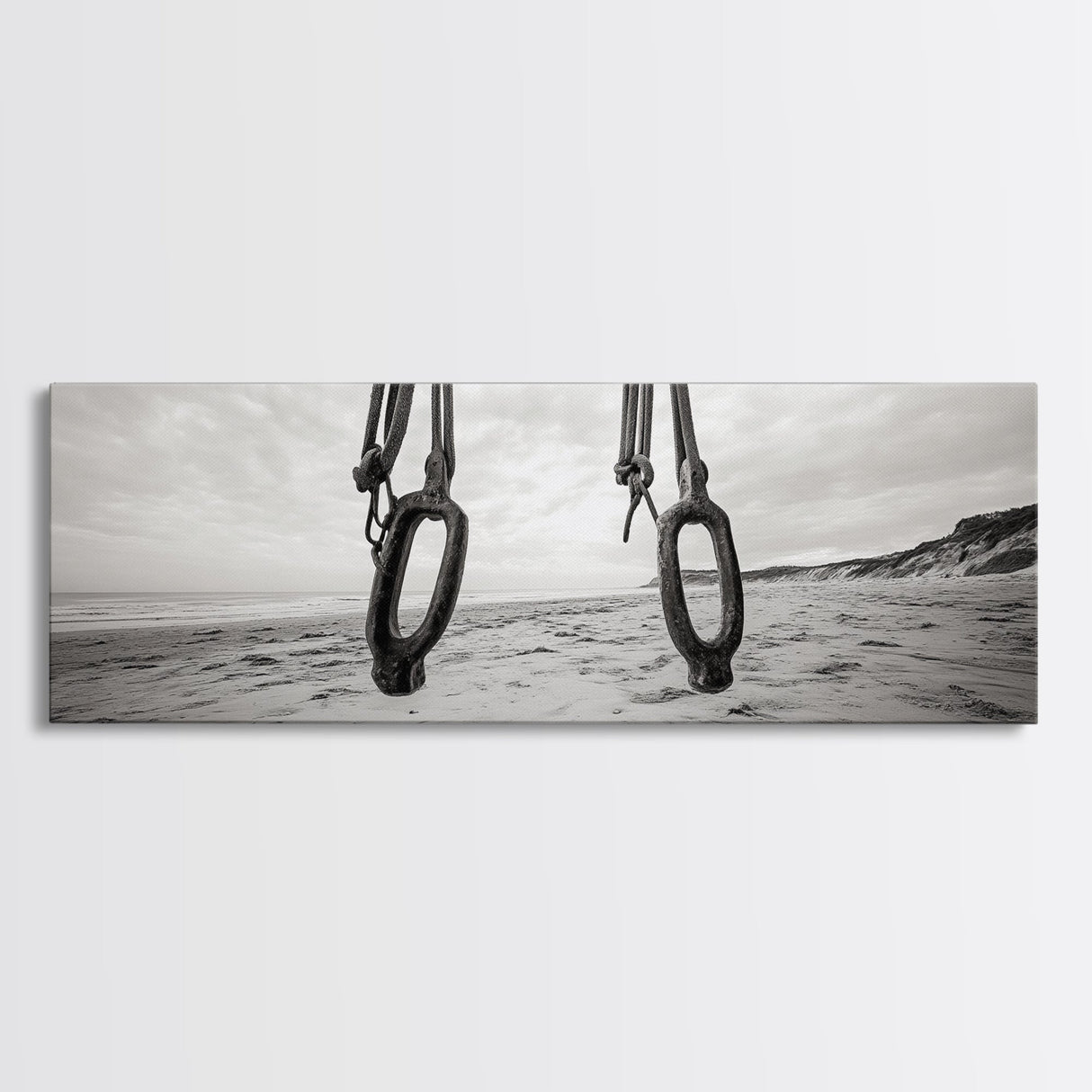 Nautical Swing, Beach Ropes, Seaside Minimalism, Canvas Print, black and white beach decor, coastal hallway wall art, maritime rustic style