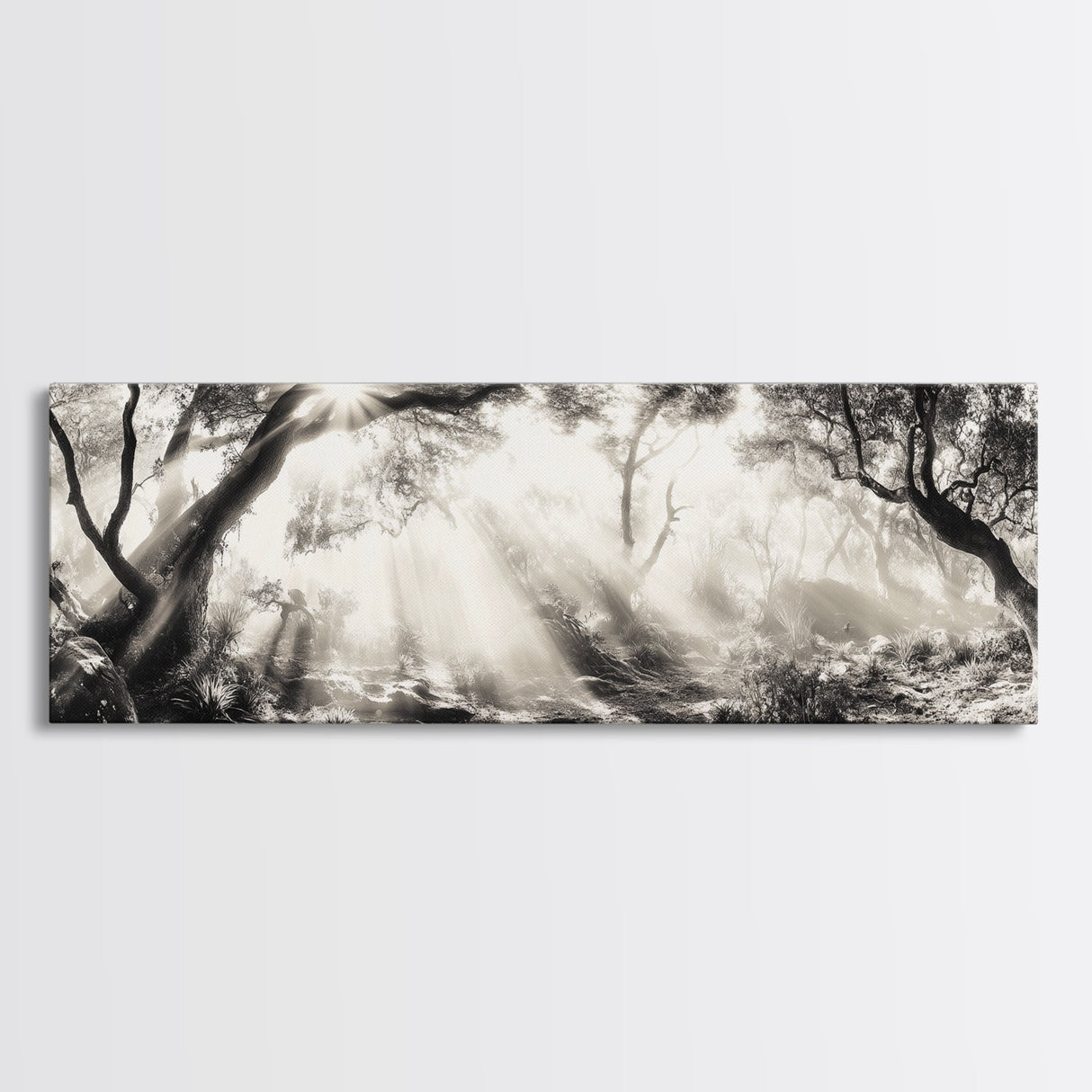 Enchanted Forest, Sunlight Rays, Dreamy Woodland, Framed Canvas Print, boho nature decor, spiritual wall art, bedroom forest scene