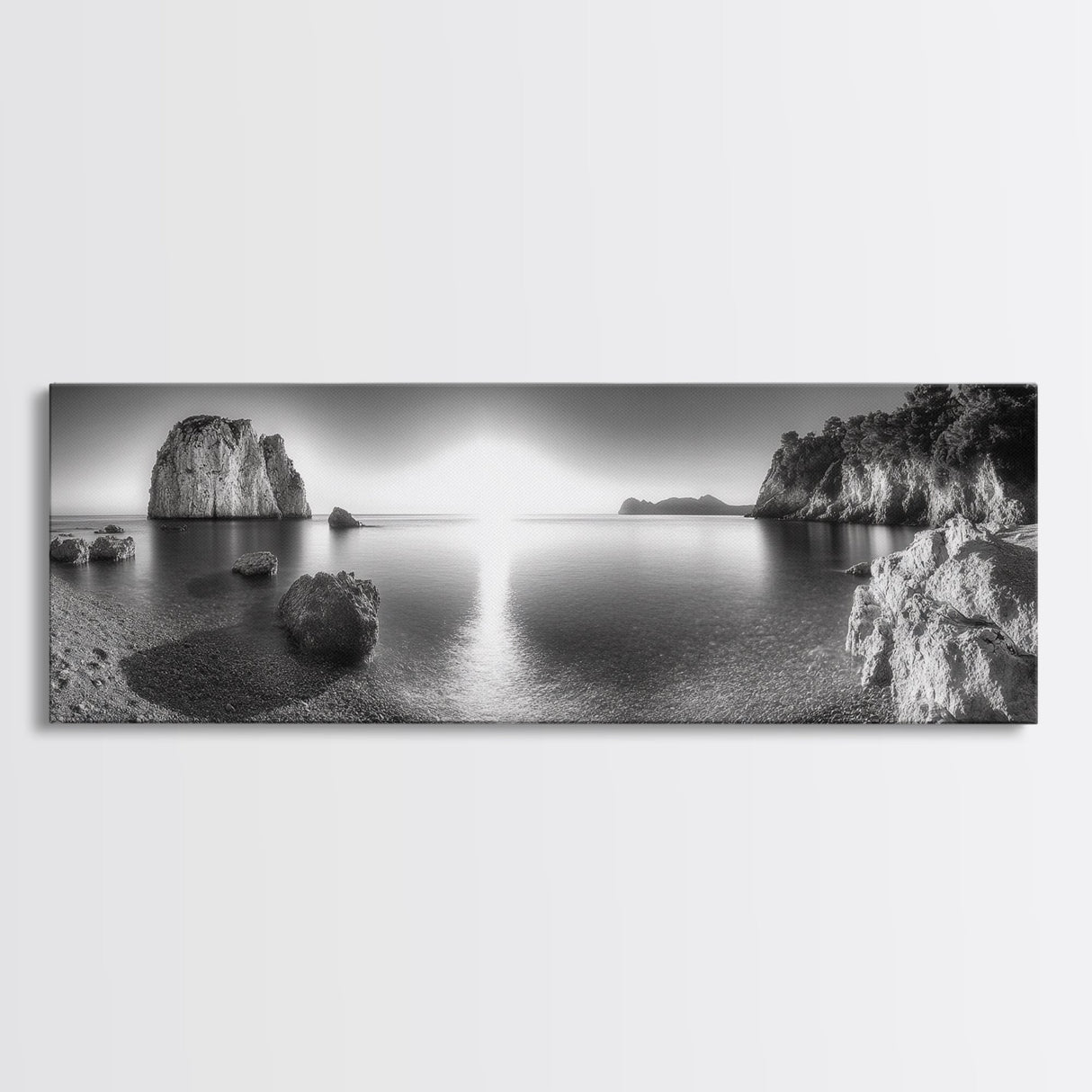 Seaside Sunrise, Rocky Beach Calm, Coastal Light, Canvas Print, peaceful ocean decor, minimalist sunrise wall art, zen meditation space