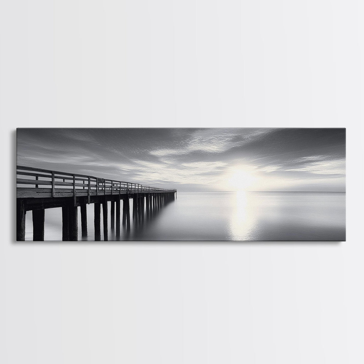 Ocean Pier, Tranquil Horizon, Serene Seascape, Framed Canvas Print, black and white beach wall art, bedroom coastal minimalism
