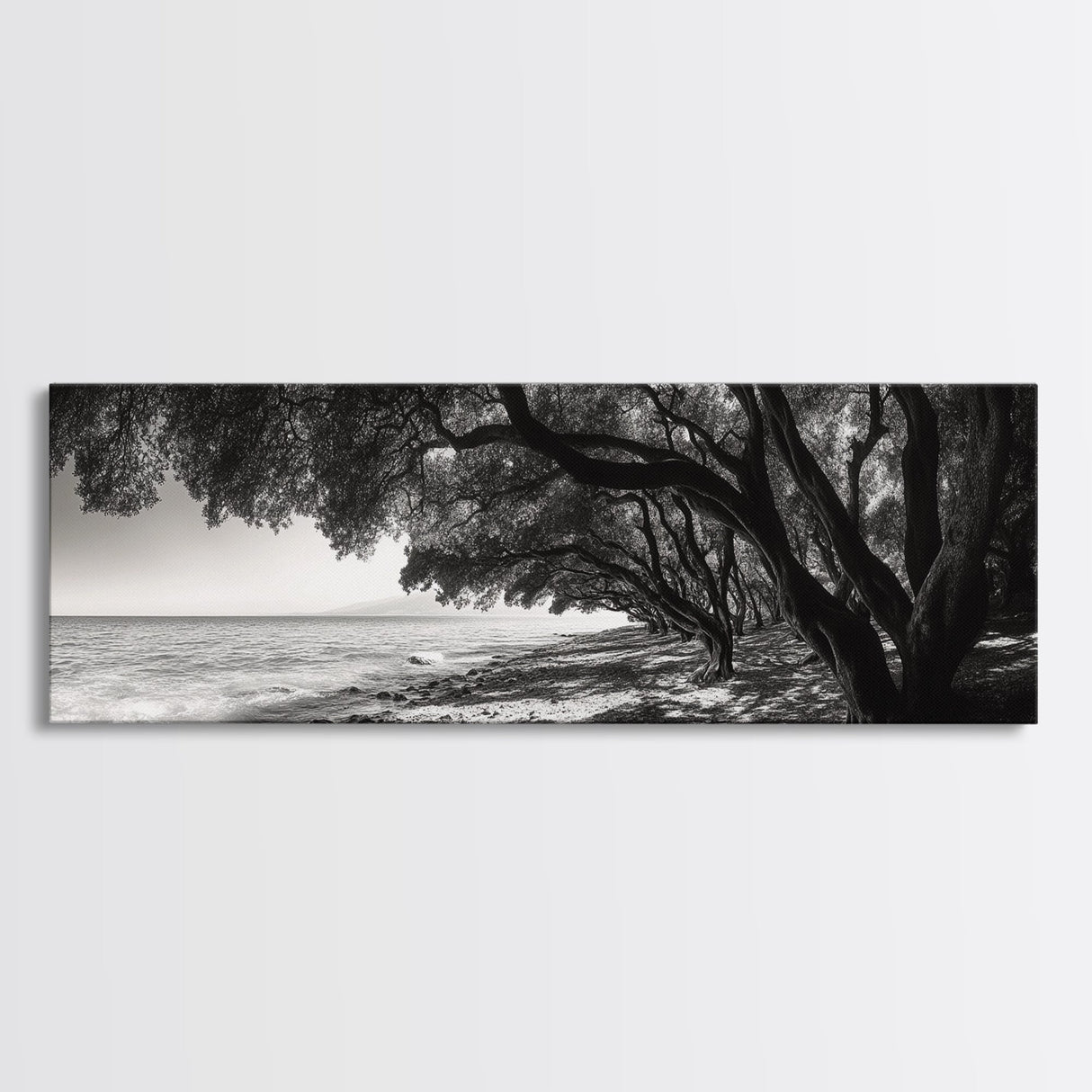 Ocean Trees, Shoreline Light, Majestic Forest, Beach Scene, Framed Canvas Print, Boho Wall Decor, Bedroom Art, Zen Coastal Artwork