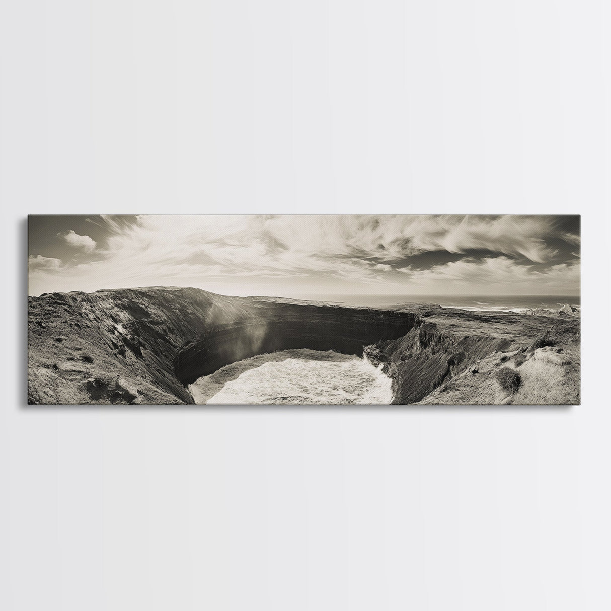 Ocean Crater, Coastal Cliff, Surreal Nature Art, Black and White Canvas Print, Gallery Wall Art, Earthy Decor, Adventure Inspired