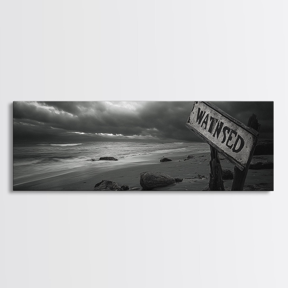 Stormy Beach, Weathered Sign, Moody Ocean, Black and White Photography, Framed Canvas Print, Coastal Gothic Wall Art, Autumn Decor