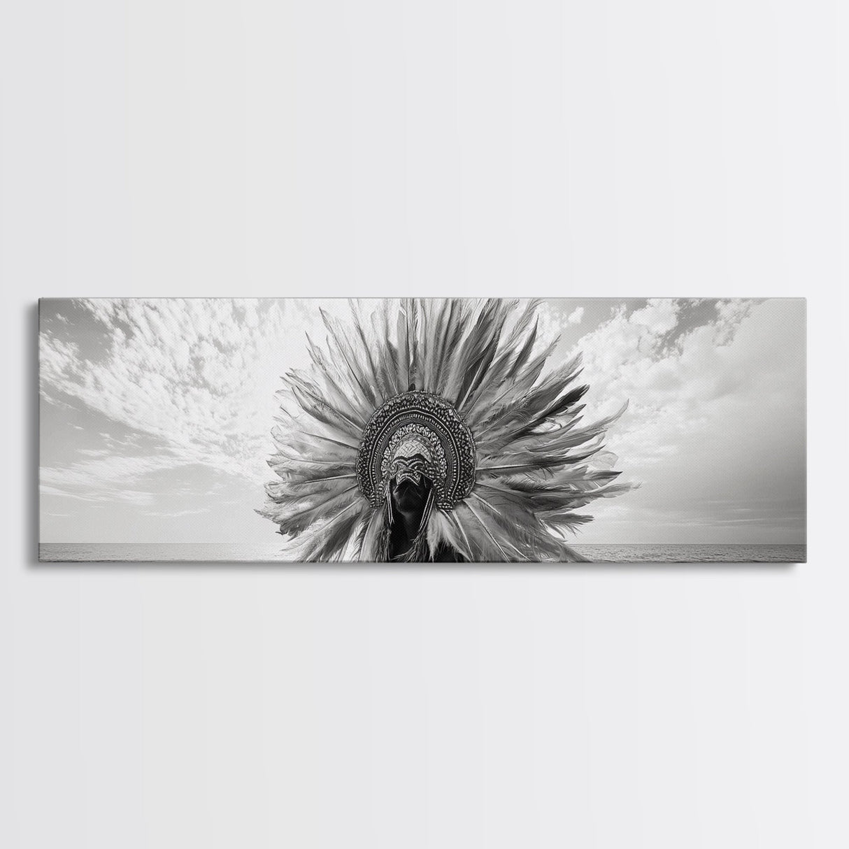 Tribal Headdress, Cultural Art, Feathered Crown, Ocean Spirit, Canvas Print, Global Boho Art, Living Room Wall Decor, Ethnic Aesthetic