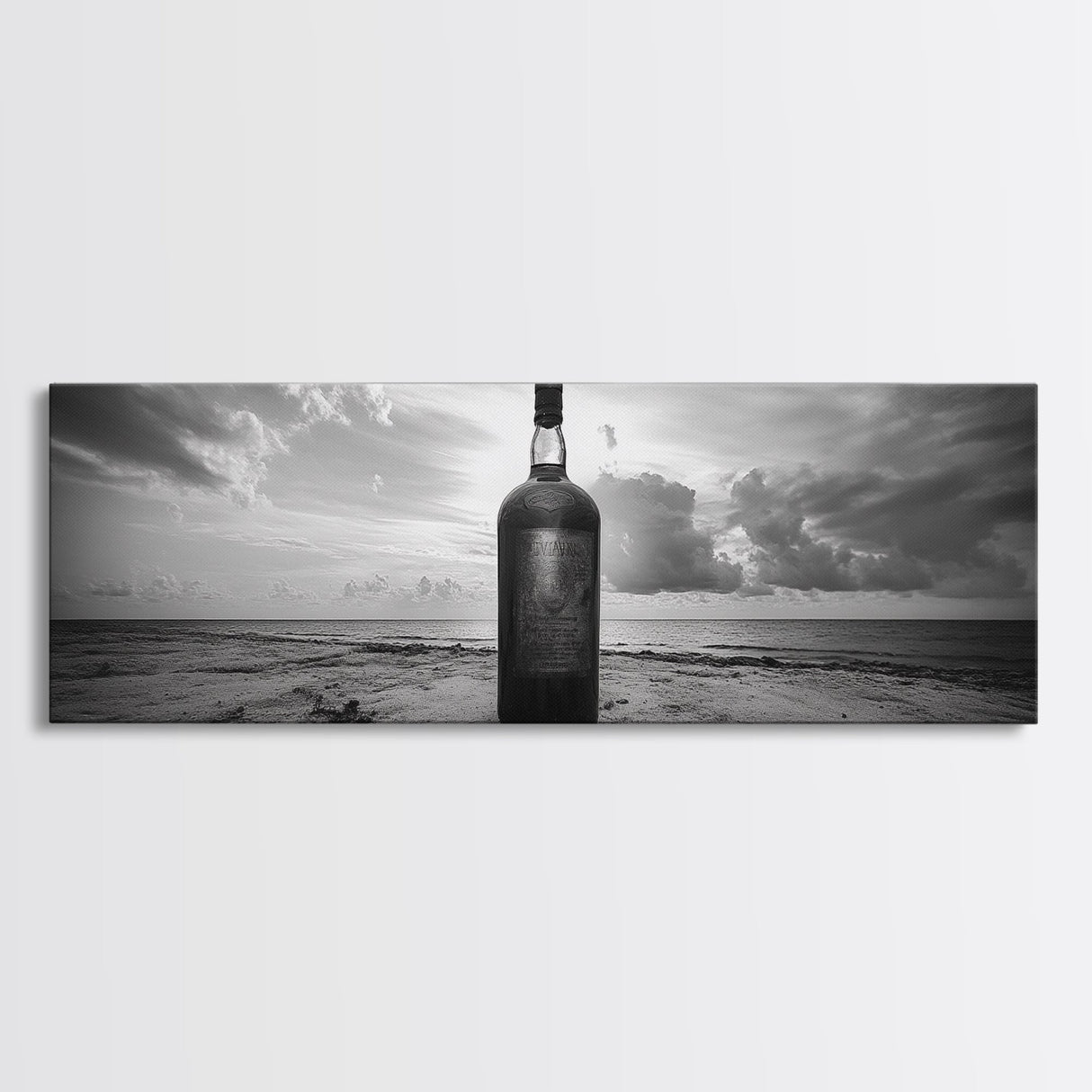 Whiskey on Beach, Bottle Seascape, Moody Coastal Still Life, Canvas Print, Masculine Bar Wall Art, Rustic Living Room Accent Piece