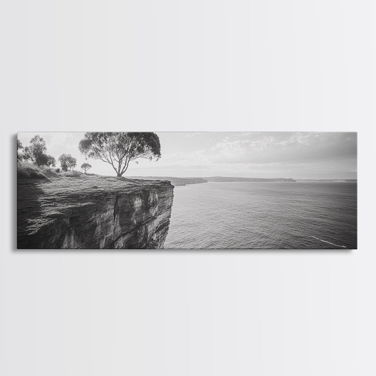 Coastal Cliff Tree, Ocean Horizon, Nature Photography, Framed Canvas Print, Minimalist Wall Art, Living Room Decor, Modern Landscape