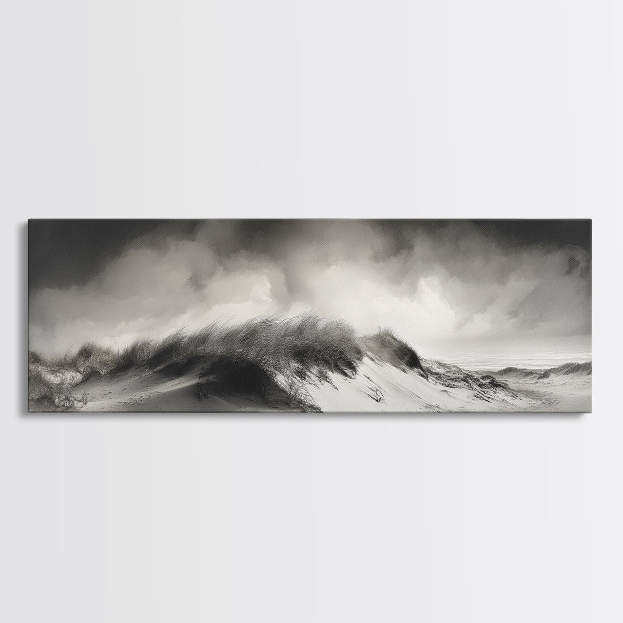 Sand Dune Storm, Coastal Winds, Black and White Nature, Framed Canvas Print, Neutral Wall Art, Hallway Decor, Minimalist Style