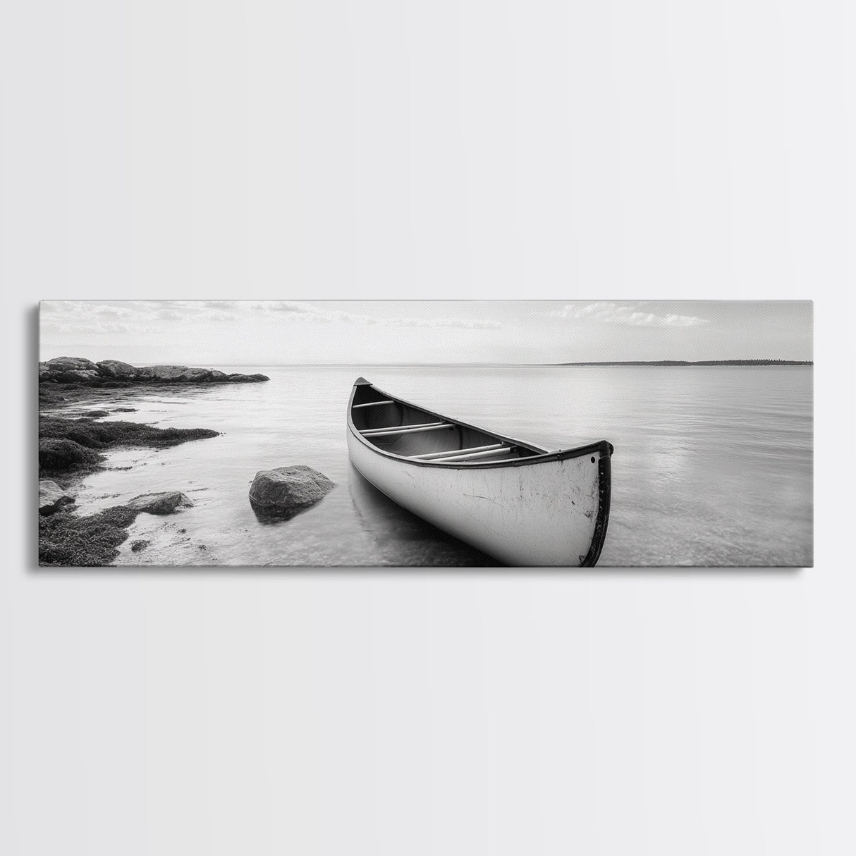 Canoe Shore, Coastal Calm, Nature Paddle, Tranquil Waters, Canvas Print, minimalist outdoor art, boho lake decor, living room wall piece