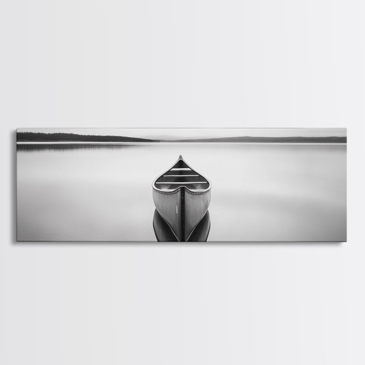 Still Canoe, Lake Mirror, Serene Water, Monochrome Boat, Framed Canvas Print, minimalist wall art, peaceful bedroom decor, boho lake style