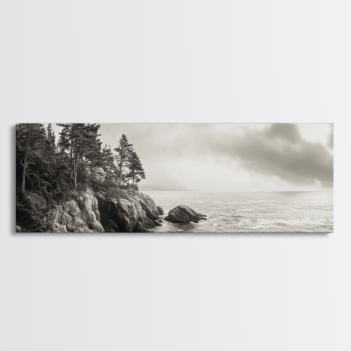 Windy Pines, Rocky Shoreline, Ocean Wilderness, Canvas Print, Vintage Nature Photography, Hallway Wall Art, Outdoor Adventure Vibe