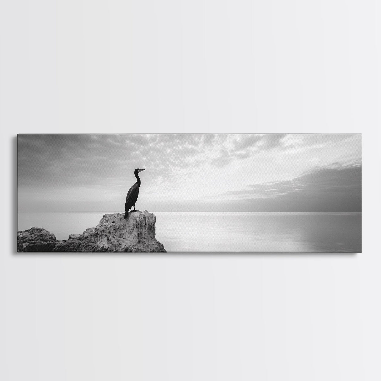 Solitary Bird, Ocean Rock, Minimalist Seascape, Canvas Print, Peaceful Wall Art, Zen Decor, Black and White Living Room Accent