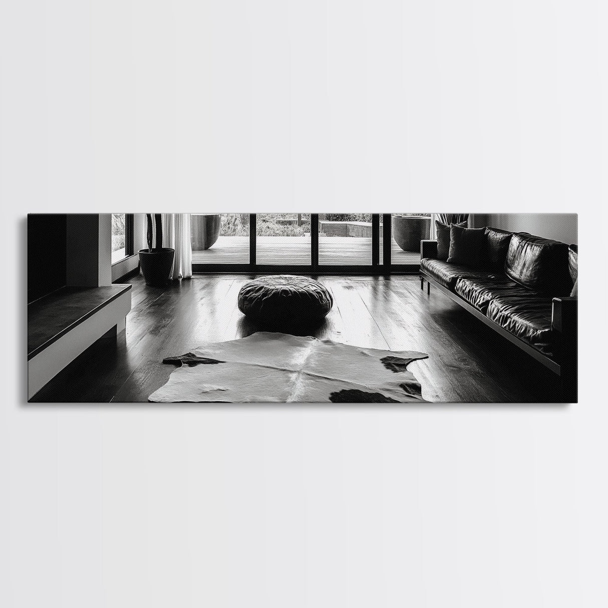 Modern Living, Minimalist Decor, Cowhide Rug, Framed Canvas Print, Neutral Aesthetic Wall Art, Luxury Living Room Design Accent