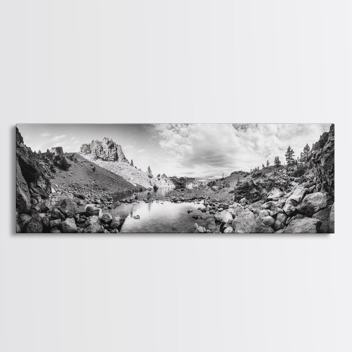 Rocky Lake, Wilderness Reflection, Mountain Calm, Framed Canvas Print, Cabin Nature Wall Art, Rustic Home Decor, Adventure Photography