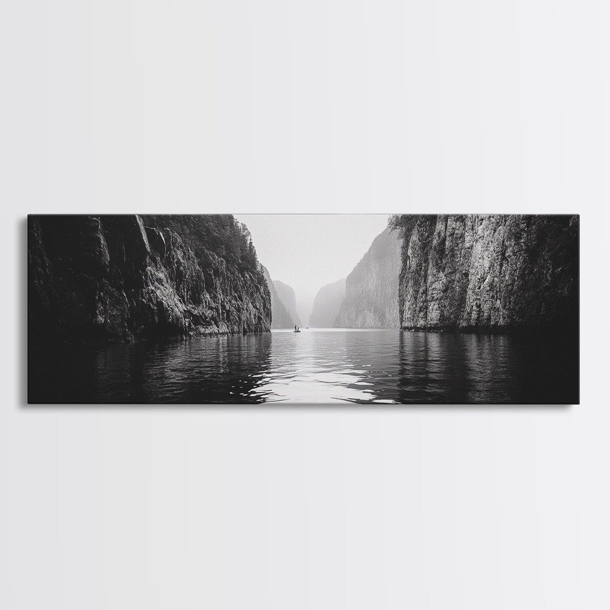 Misty Canyon, River Passage, Tranquil Adventure, Canvas Print, Nature Escape Wall Art, Zen Office Decor, Moody Black and White Style