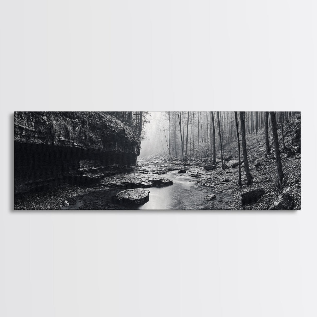 Misty River, Tranquil Forest, Autumn Nature, Monochrome Photography, Framed Canvas Print, Bedroom Wall Art, Rustic Decor, Minimalist Style
