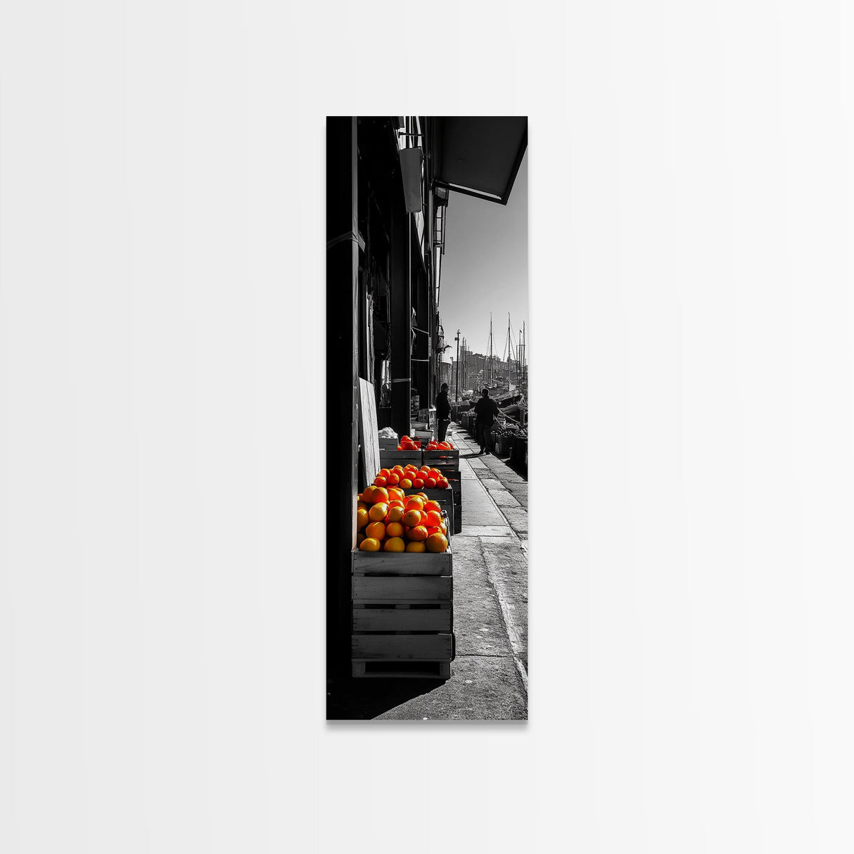 Orange Crates, Market Scene, Harbor View, Urban Life – Framed Canvas Print, Kitchen Wall Art, Rustic Market Decor, Fall City Aesthetic