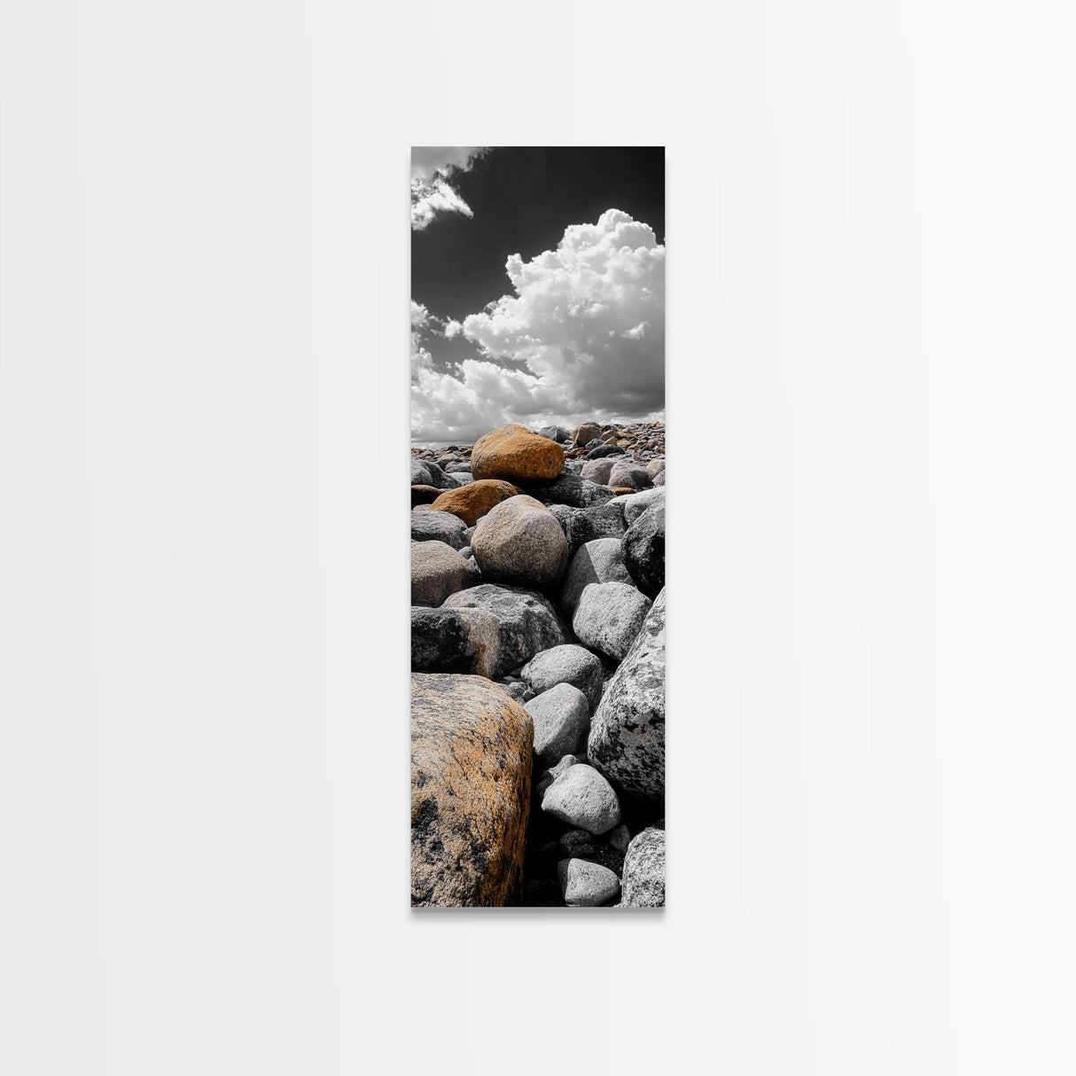 Golden Boulder, Rock Field, Dramatic Sky, Earth Tone Print, Framed Canvas Print, Nature Inspired Decor, Autumn Entryway Artwork