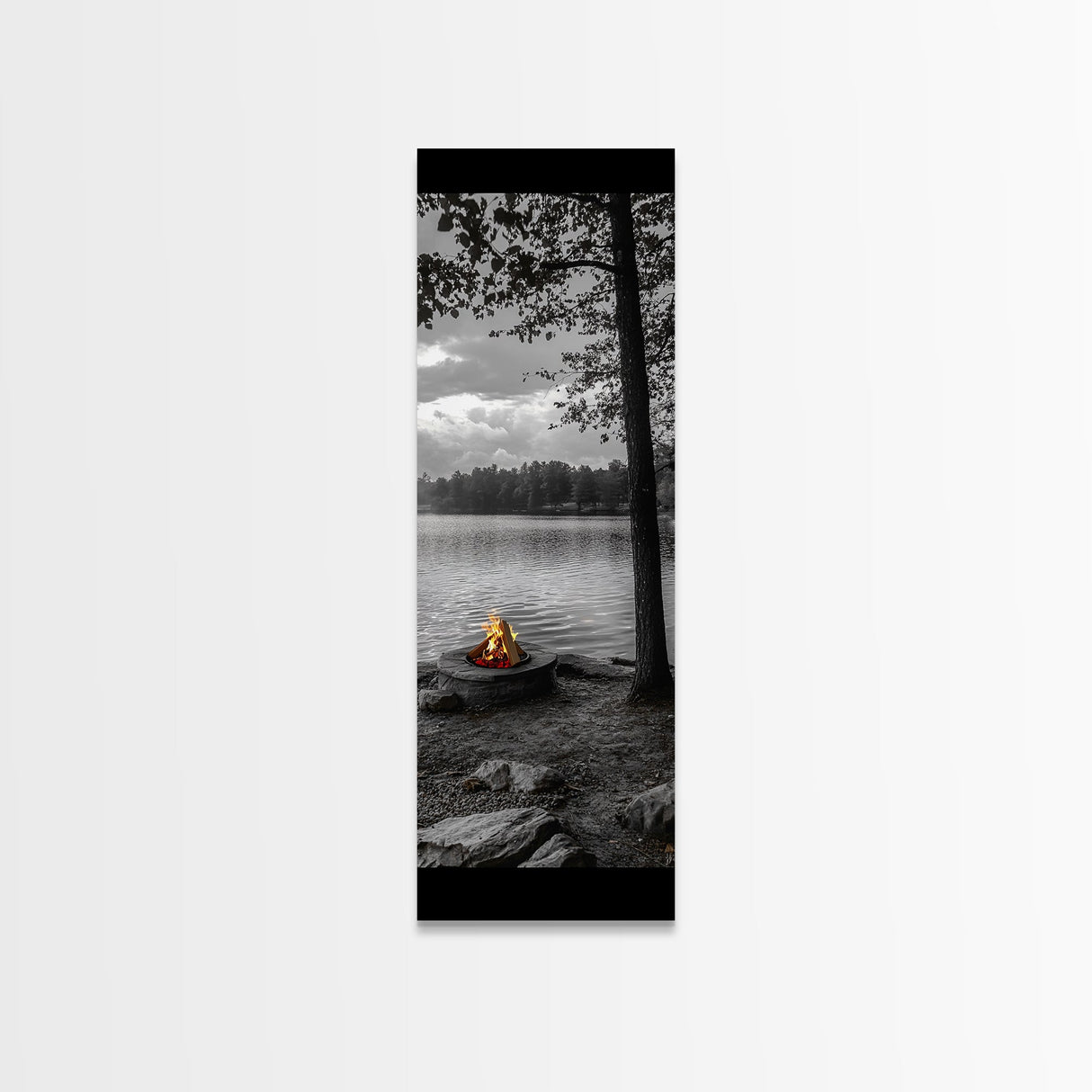 Autumn Campfire Scene, Cozy Outdoors, Fall Evening Glow, Lakeside Calm, Framed Canvas Print Cabin Decor, Living Room Autumn Wall Art