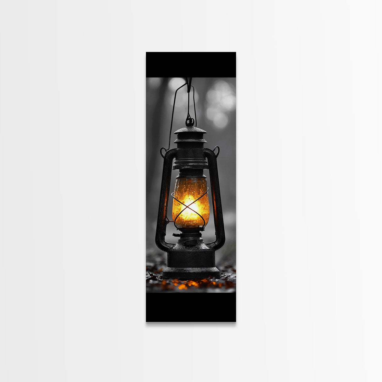 Vintage Lantern Glow, Moody Forest Scene, Rainy Night Light, Framed Canvas Print Rustic Entryway Wall Art, Autumn Warmth Art Style