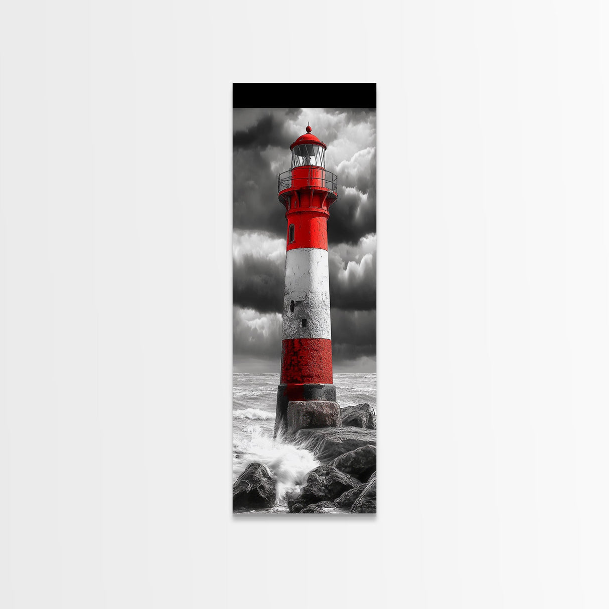 Red Lighthouse Storm, Coastal Beacon Art, Dramatic Seascape, Nautical Scene, Framed Canvas Print Living Room Wall Art, Moody Decor