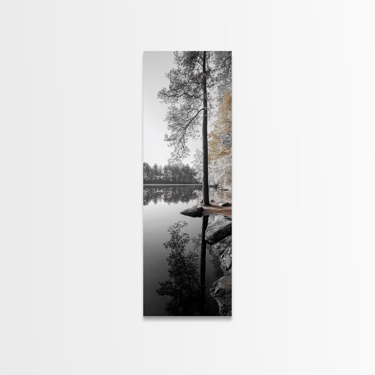 Serene Forest, Pine Reflection, Tranquil Lake, Autumn Vibe, Canvas Print, bedroom wall art, rustic neutral decor, nature minimalist