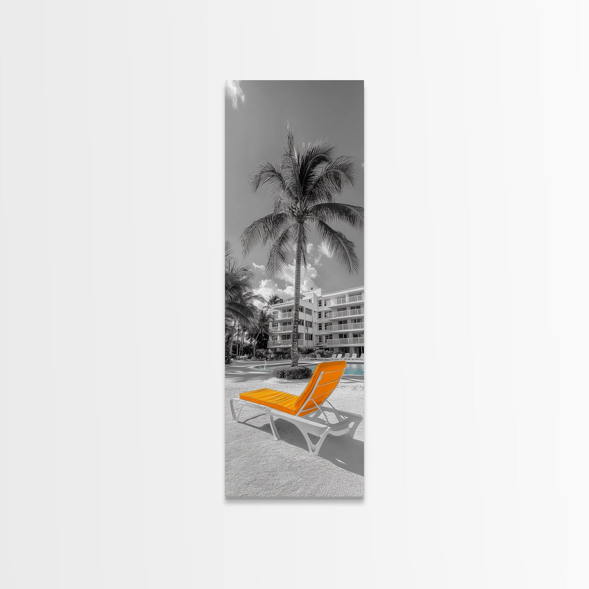 Poolside Palm, Tropical Escape, Resort Vibe, Orange Chair, Framed Canvas Print, Summer Wall Decor, Boho Art, Living Room Tropical Art