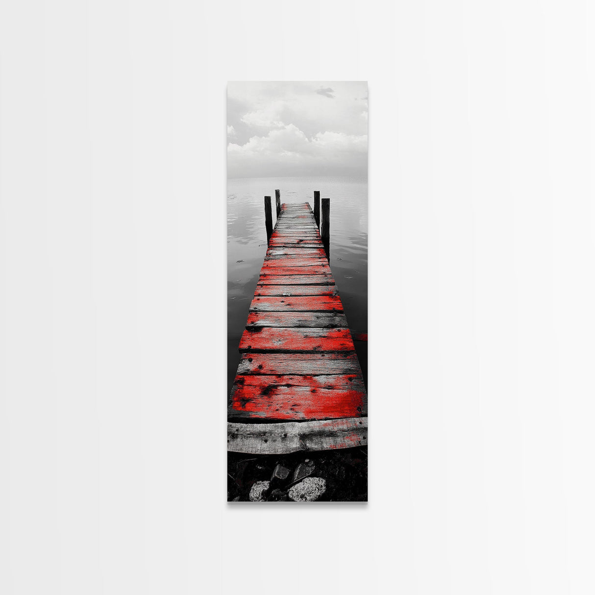 Red Dock, Still Water, Rustic Lake, Quiet Pier, Canvas Print, Bedroom Wall Art, Moody Lake Photography, Autumn Cabin Decor, Minimalist