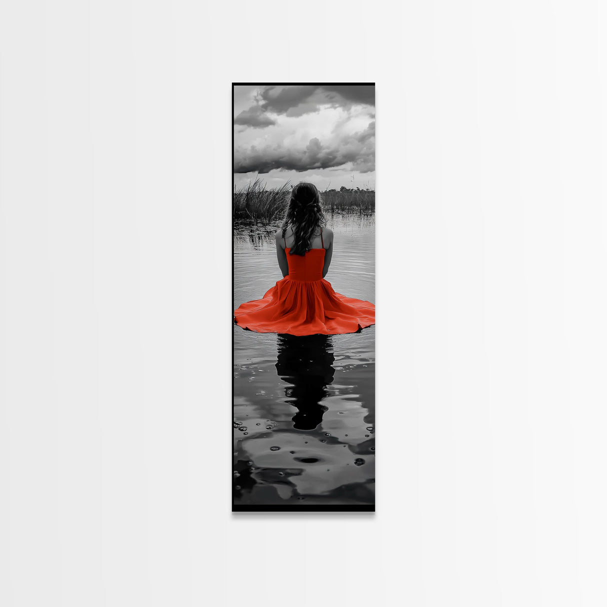 Woman in Red, Serene Lake, Moody Reflections, Dramatic Art Scene, Canvas Print, Bedroom Wall Art, Romantic Decor, Adventure Themed Ar