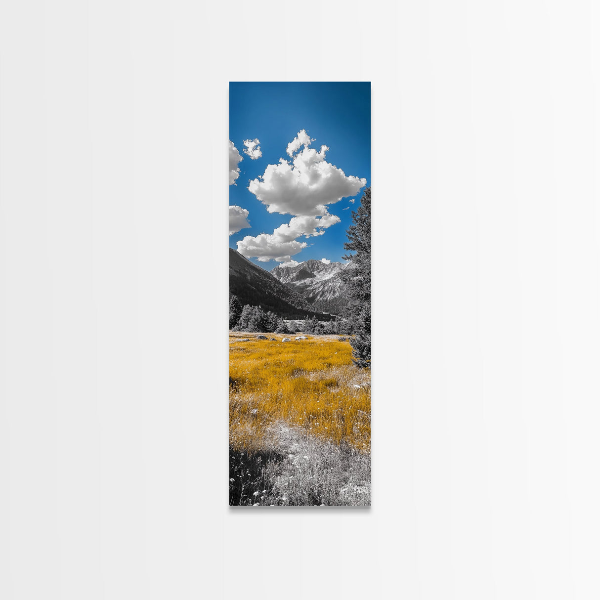 Golden Field, Mountain Range, Blue Sky, Framed Canvas Print, Autumn Landscape Art, Nature Lover Gift, Cabin Wall Art, Rustic Farmhouse Decor