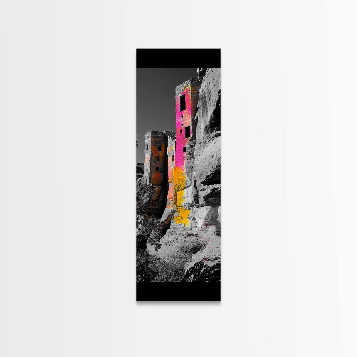 Cliff Dwelling Art, Ancient Ruins Style, Colorful Boho Home Decor, Framed Canvas Print, Southwestern Living Room Wall Art, Hallway Wall Art