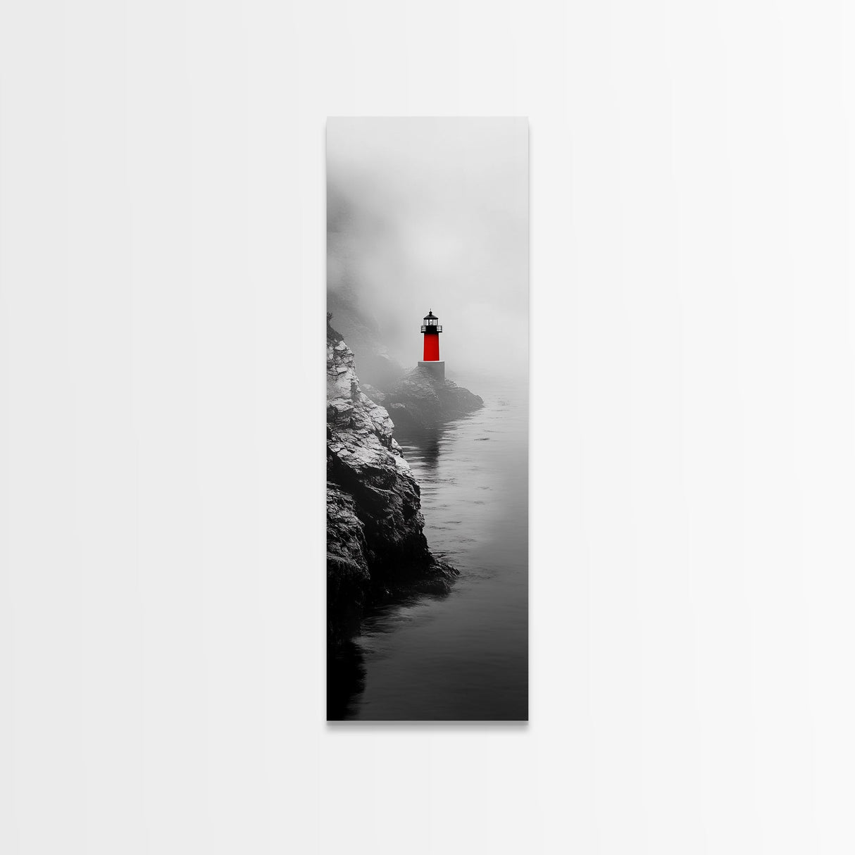 Misty Lighthouse View, Red Beacon Decor, Coastal Minimalist Art, Framed Canvas Print, Modern Seascape Living Room Wall Decor