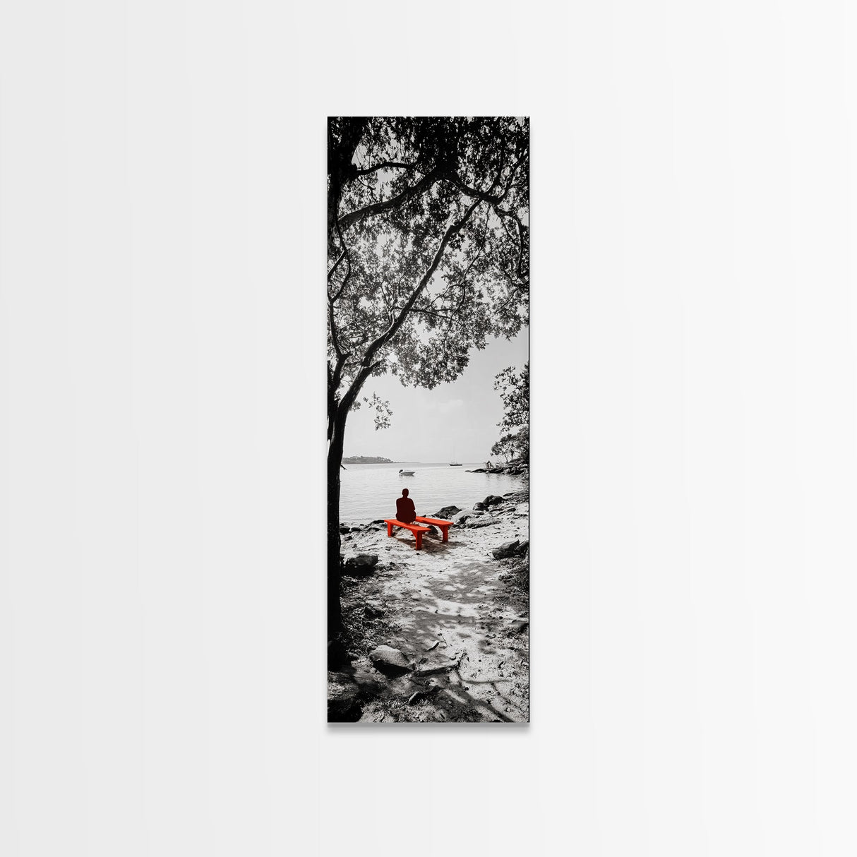 Lonely Figure, Red Bench, Reflective Scene, Peaceful Beach Wall Art, Framed Canvas Print, Black and White Photography, Zen Room Decor