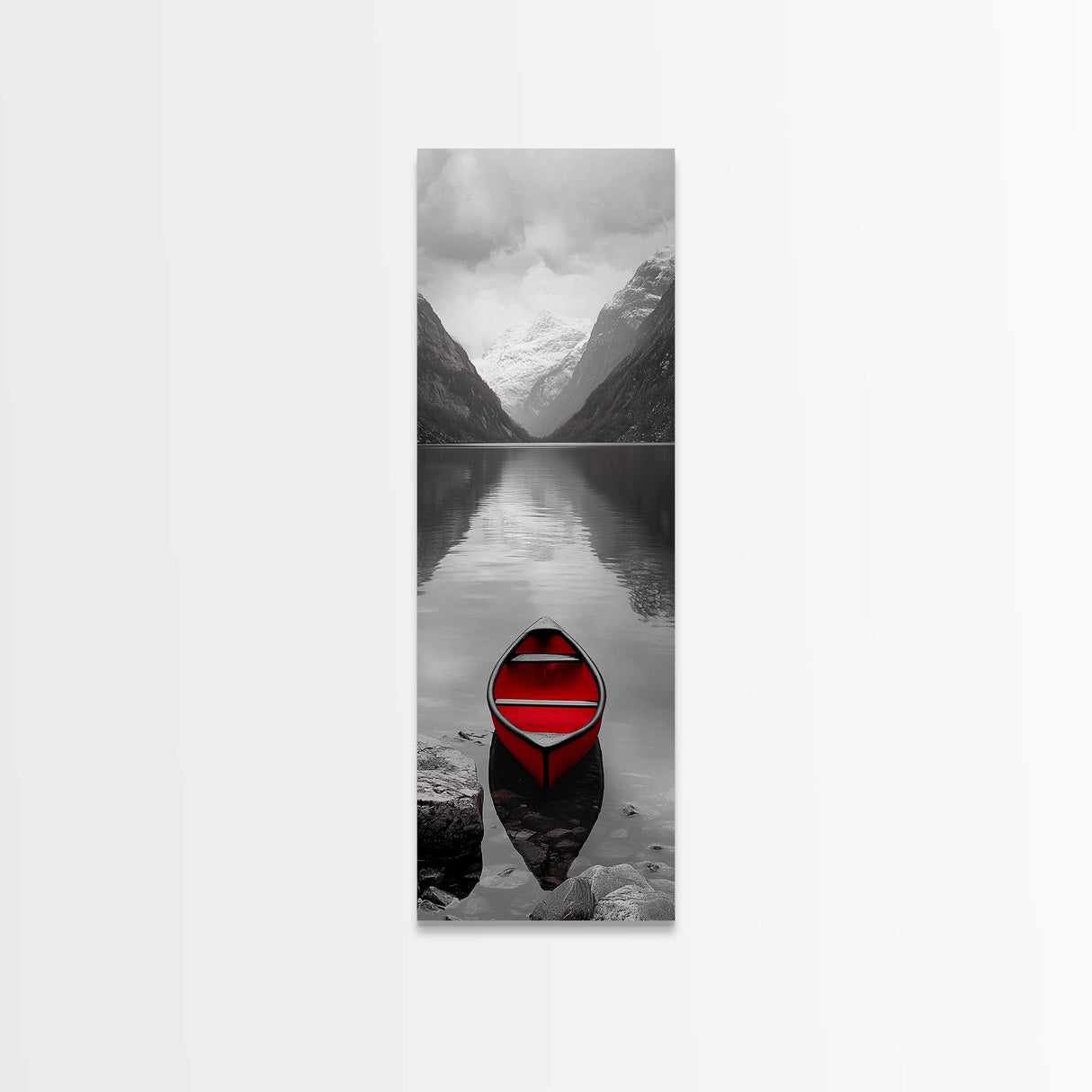 Red Canoe, Mountain Lake, Minimalist Reflection, Snowy Peaks, Framed Canvas Print, Nordic Cabin Wall Art, Serene Bedroom Decor
