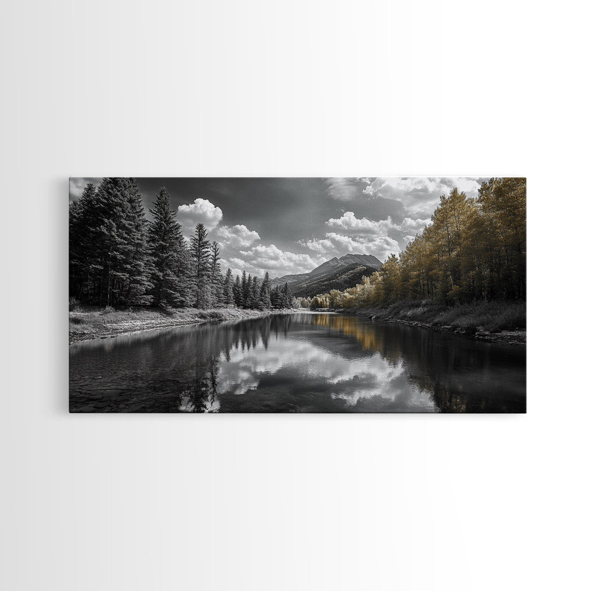 Lake, Mountains, Trees, Reflective mountain lake landscape in this Framed Canvas Print, peaceful Nature Lover Living Room Wall Art