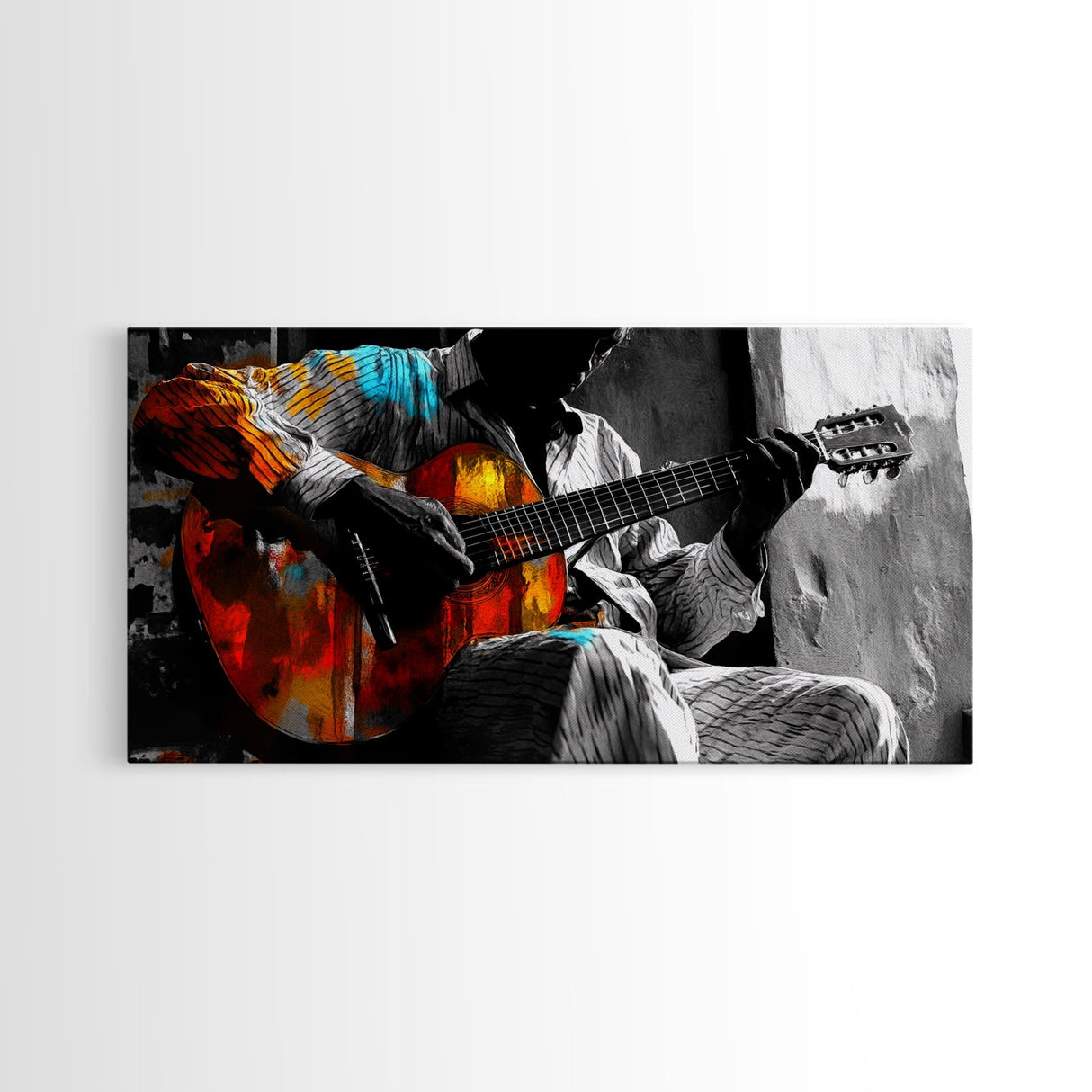 Guitarist, Music, Expression, Moody musical moment captured in this Framed Canvas Print, Boho Music Room Art, Artistic Studio Wall Art