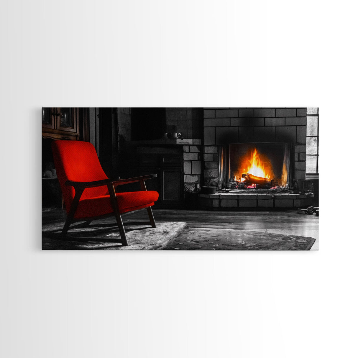 Fireplace, Red Chair, Cozy firelight and bold red accent chair on this Framed Canvas Print, Cozy Fall Living Room Art, Cabin Decor Accent