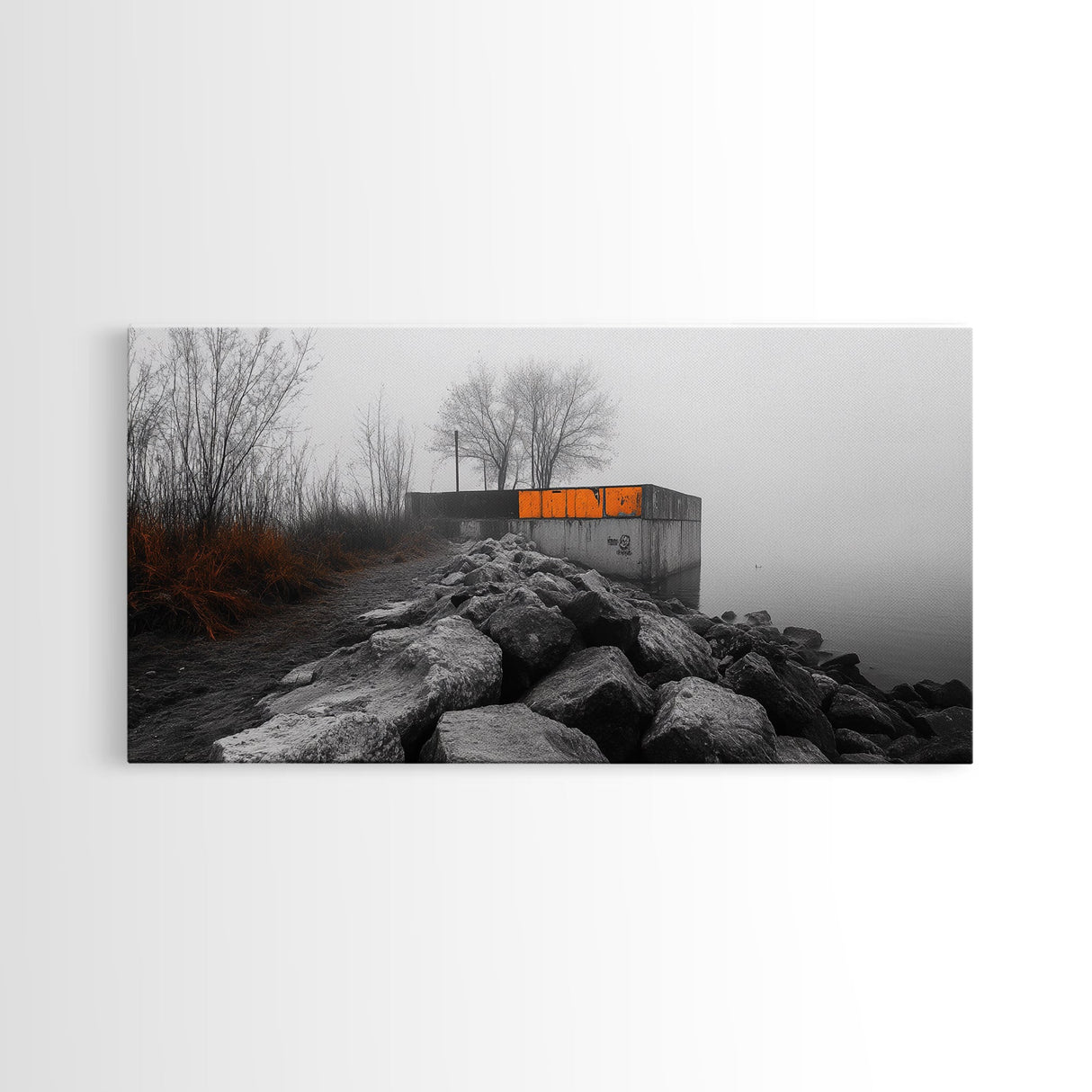 Fog Wall, Concrete Graffiti, Misty Lake Path, Framed Canvas Print, Urban Nature Blend, Moody Art, Hallway Decor, Modern Grayscale Style