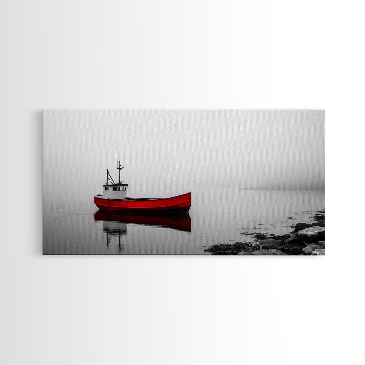 Red Boat, Calm Water, Minimalist Decor, Ocean Scene, Living Room Wall Art, Coastal Style, Canvas Print, Modern Nautical, Serene Landscape