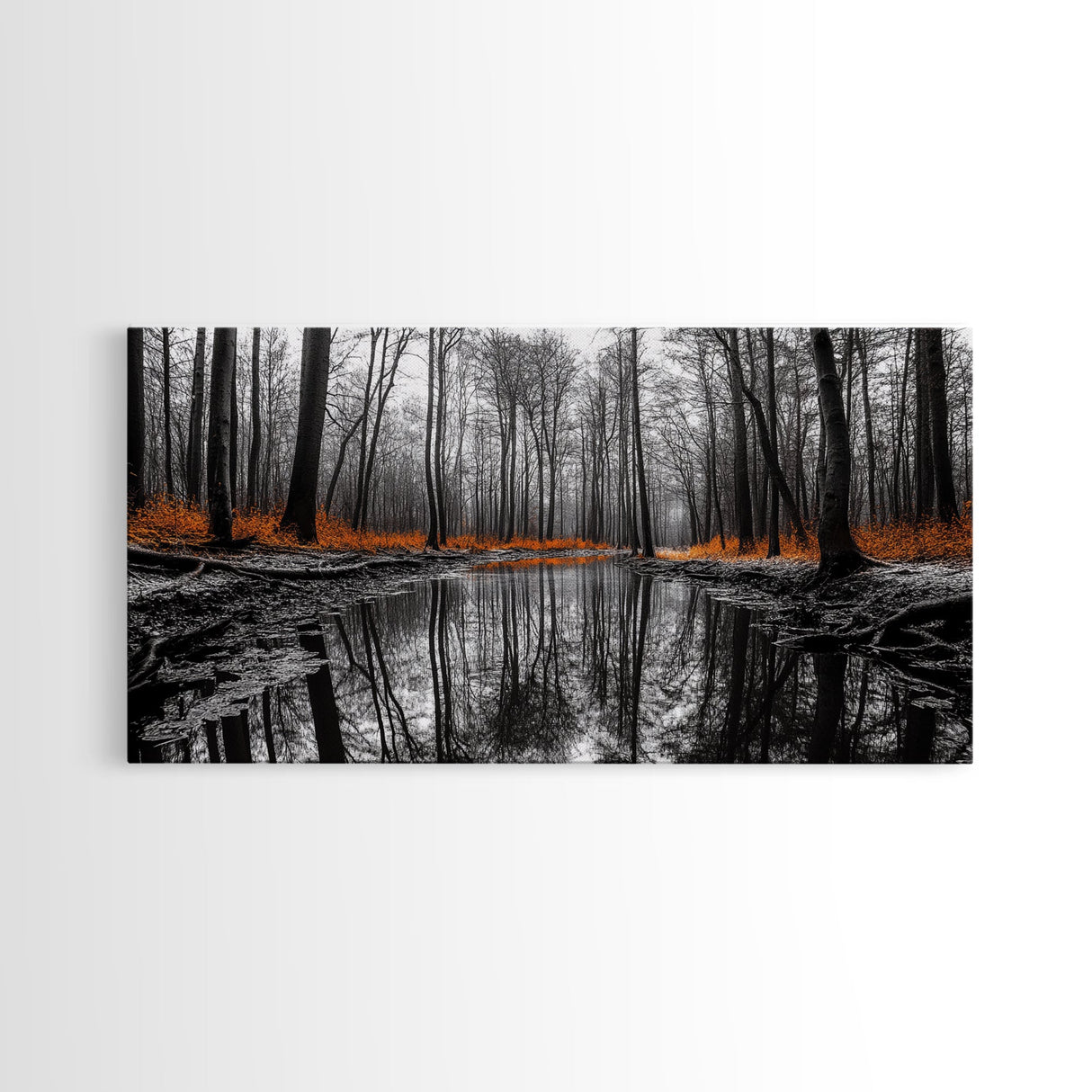 Reflected Forest, Orange Leaves, Tranquil River, Monochrome Fall, Canvas Print, Rustic Decor, Bedroom Wall Art, Woodland Scene