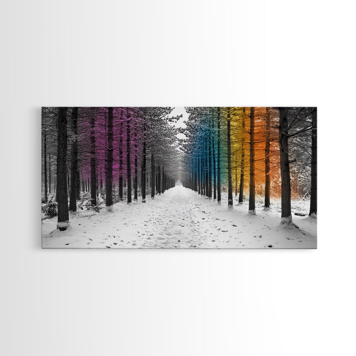 Snowy Pines, Rainbow Forest, Winter Walkway, Colorful Trees, Canvas Print, Whimsical Art, Nursery Wall Art, Minimalist Nature Style