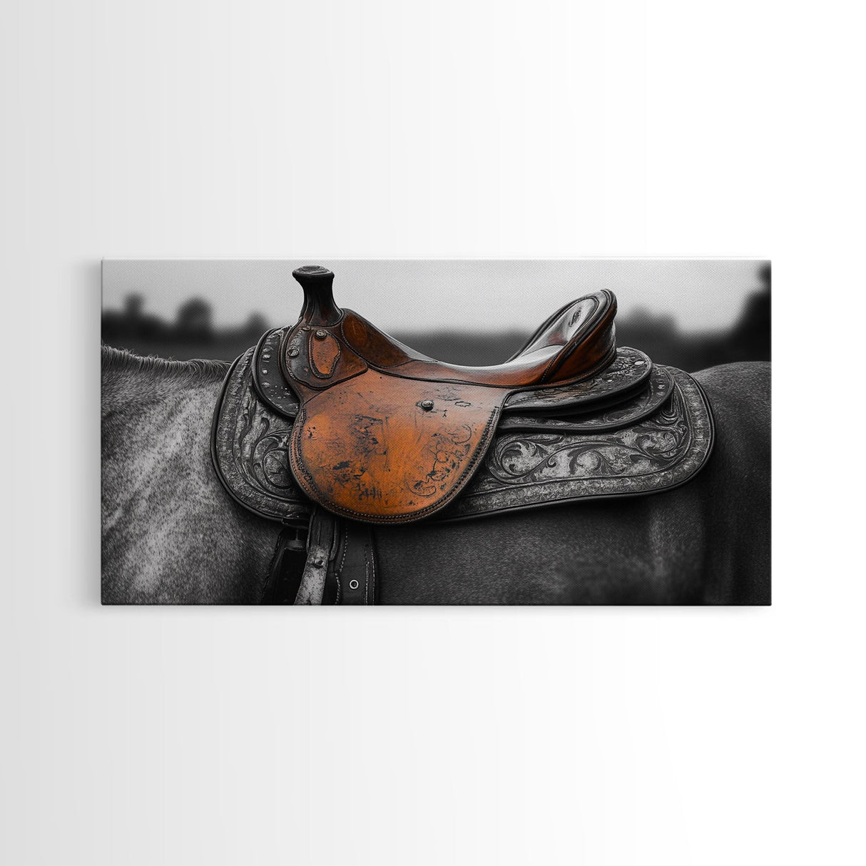 Western Saddle, Leather Detail, Horseback Art, Rustic Charm, Framed Canvas Print, Cowboy Wall Art, Farmhouse Decor, Equestrian Living Room