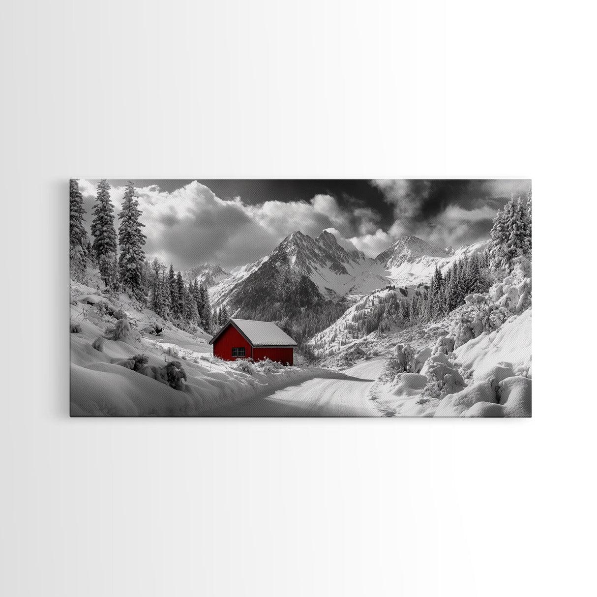 Red Cabin, Winter Mountains, Snow Forest, Canvas Print, Christmas Wall Art, Rustic Lodge Decor, Landscape Photography, Bedroom Art
