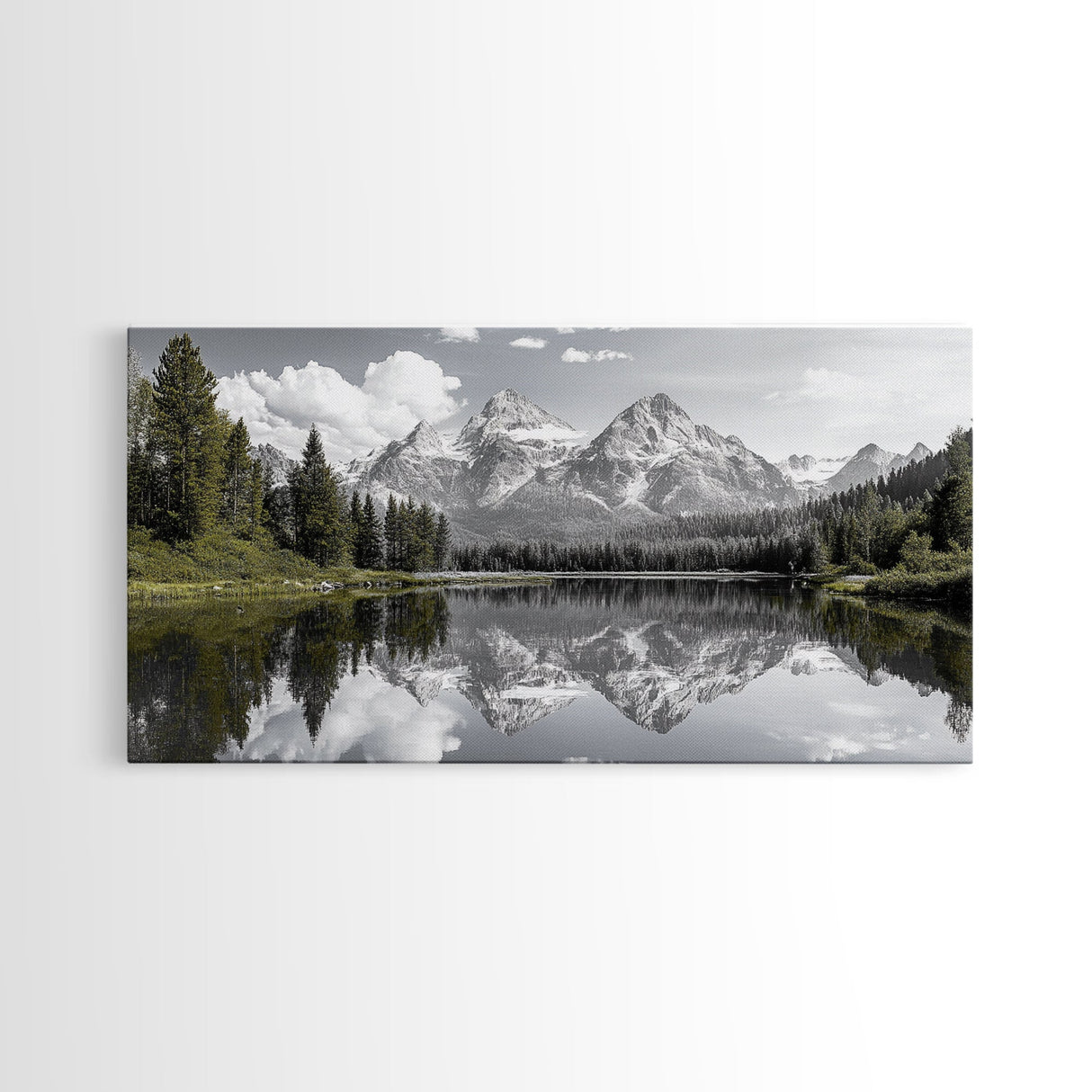 Serene Lake, Snowy Peaks, Forest Reflection, Canvas Print, Nature Photography, Modern Living Room Art, Black White Green Decor