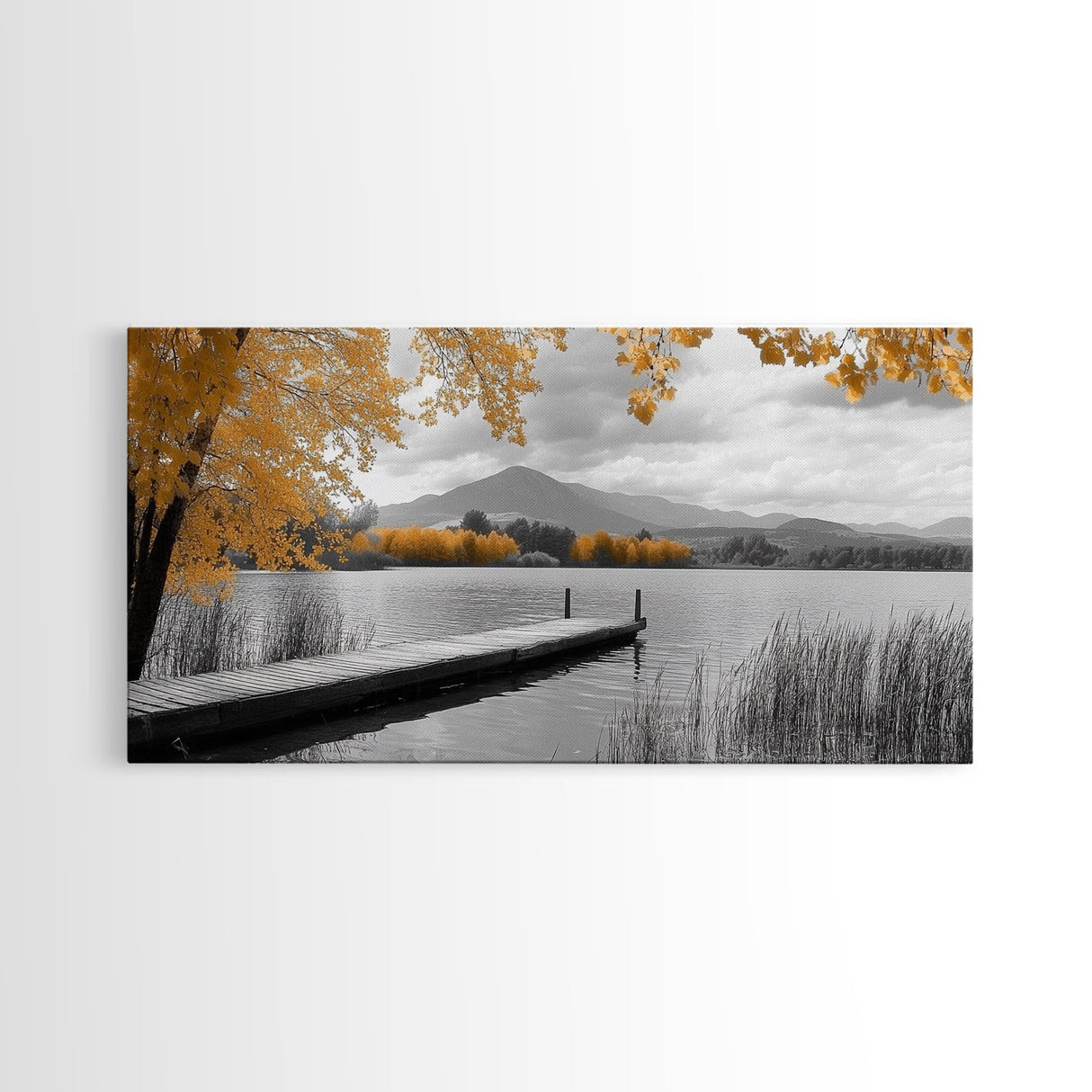 Autumn Lake, Golden Trees, Mountain Calm, Rustic Dock, Framed Canvas Print, Fall Living Room Art, Nature Landscape, Tranquil Cabin Decor
