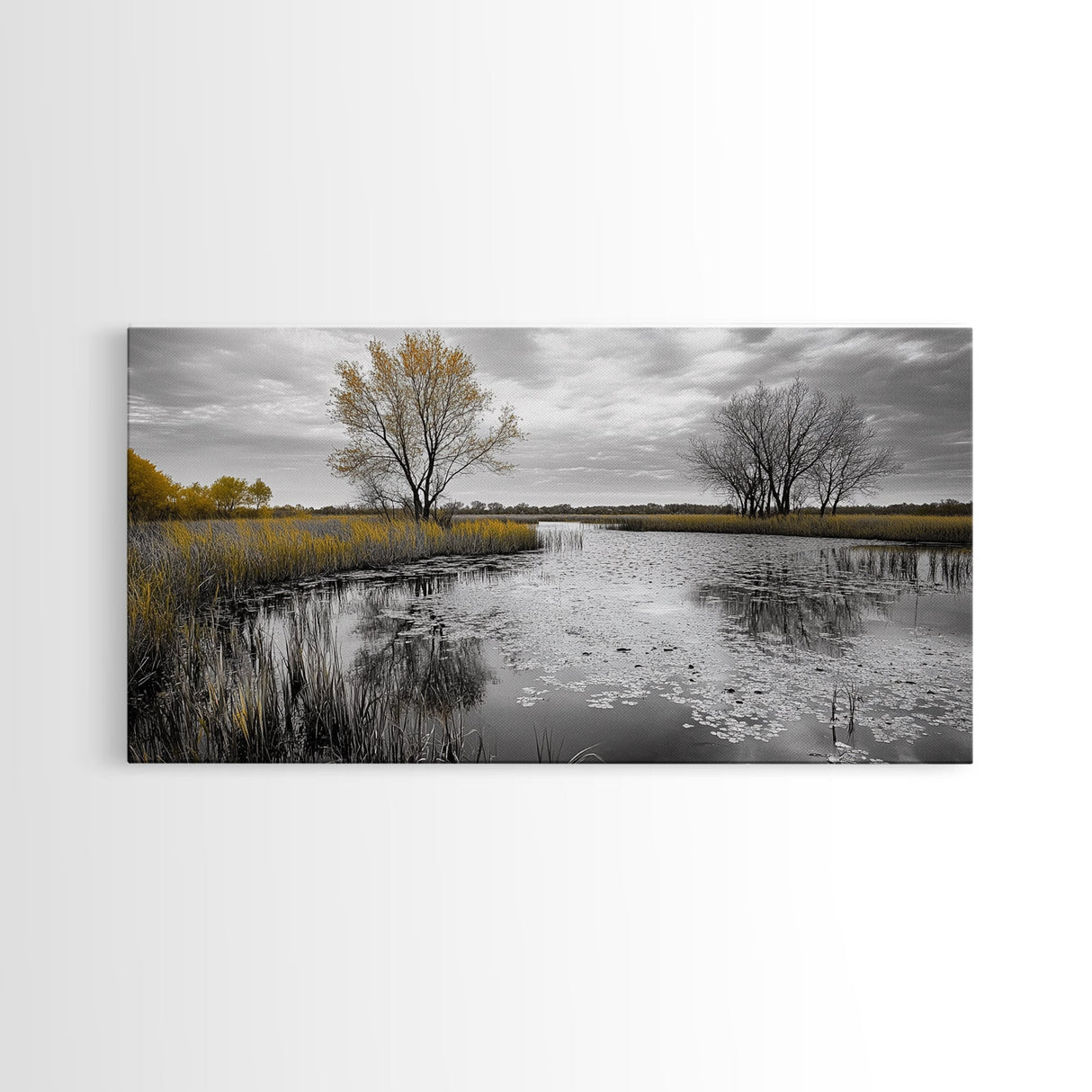 Lily Pond Trees, Serene Reflection, Autumn Landscape, Calm Water Scene, Framed Canvas Print, Nature Wall Art, Fall Living Room Decor
