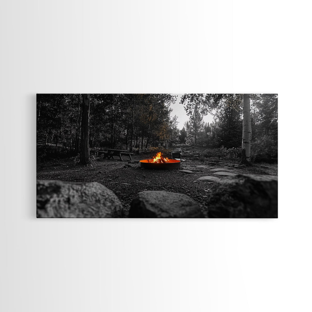 Forest Campfire, Glowing Flames, Outdoor Retreat, Cozy Autumn, Framed Canvas Print, Rustic Wall Decor, Fall Living Room Art, Nature Scene