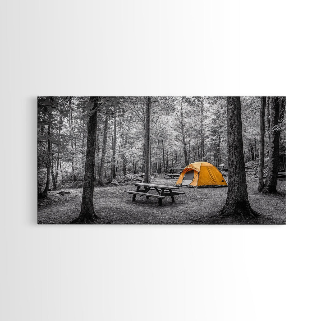 Yellow Tent, Forest Camping, Wilderness Escape, Outdoor Living, Framed Canvas Print, Fall Bedroom Art, Minimalist Nature, Hiking Vibes