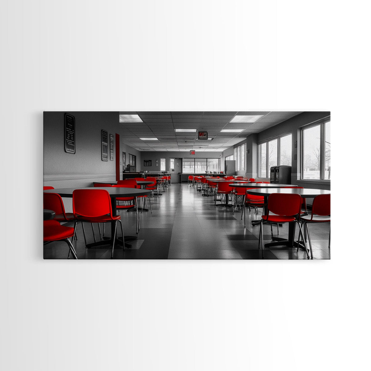 Red Chairs, Modern Cafeteria, Retro Seating, Pop Color Dining, Canvas Print, Kitchen Wall Art, Urban Minimalism, Bold Office Decor