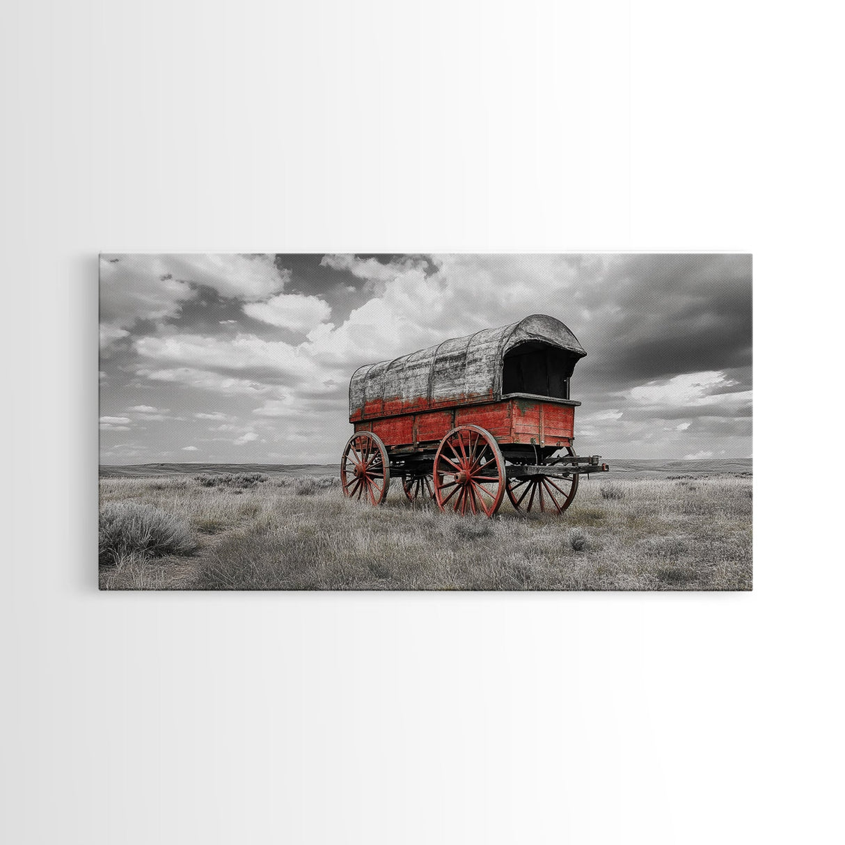 Prairie Red Wagon, Old West Scene, Framed Canvas Print, Rustic Wall Decor, Western Style Art, Living Room Accent, Cowboy Nostalgia