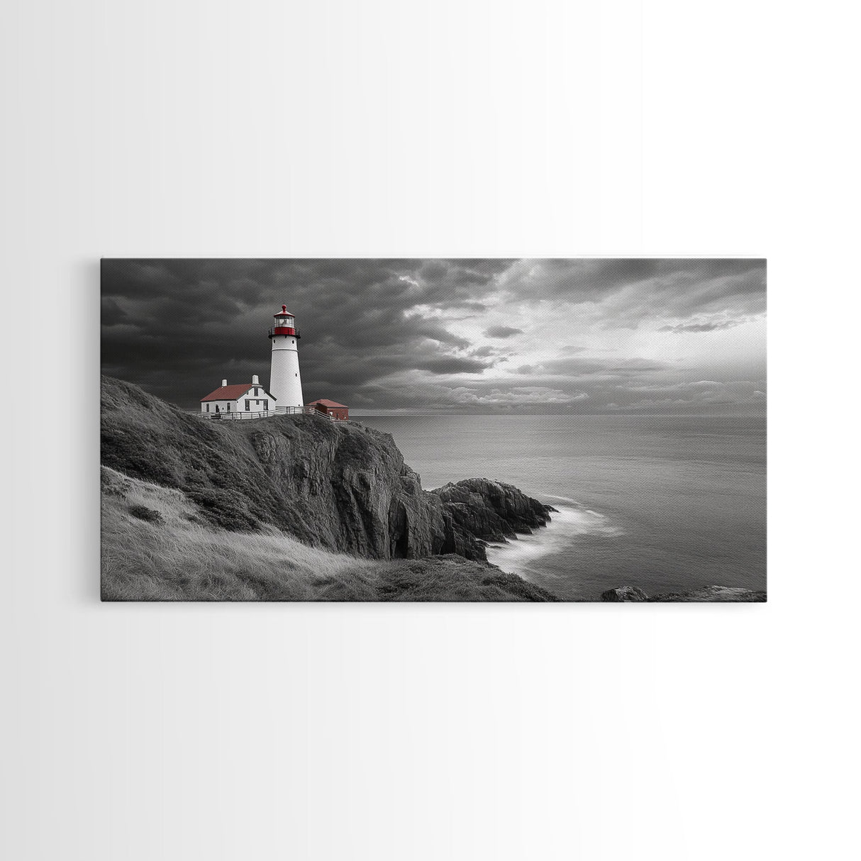 Lighthouse Ocean Storm, Coastal Cliff Light, Framed Canvas Print, Nautical Wall Art, Beach House Decor, Dramatic Sky Scene, Office Art